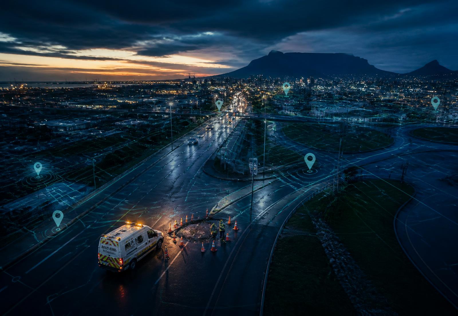 Aerial view of an urban road network at dusk with a maintenance crew and mapped incident pins